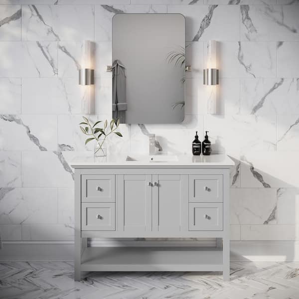 Manchester 48 in. Single Sink Shaker-Style Gray Bath Vanity with White Quartz Top and Integrated Sink
