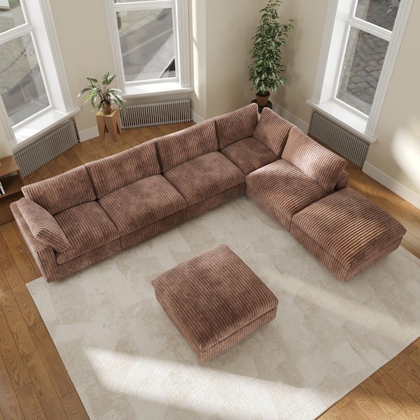 157.48 in. Square Arm 7-piece Rabbit Velvet Plush L-Shaped Living Room Sectional Sofa with Removable Cover in Brown