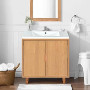 30 in. W x 18.1 in. D x 35.1 in. H Freestanding Bath Vanity in Natural Wood with White Resin Top and soft Closing Doors