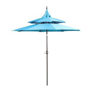 9 ft. 3-Tier Patio Umbrella Outdoor Market Umbrella with Crank and Push Button Tilt in Light Blue
