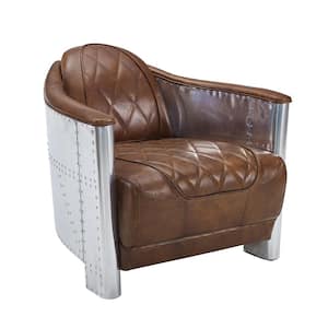 Top Leather Cognac Mid Century Modern Genuine Leather Accent Armchair with Vintage Aluminum Exterior Accented and Rivets