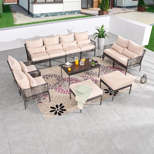 Patio Festival 7-Piece Wicker Outdoor Conversation Set with Beige Cushions