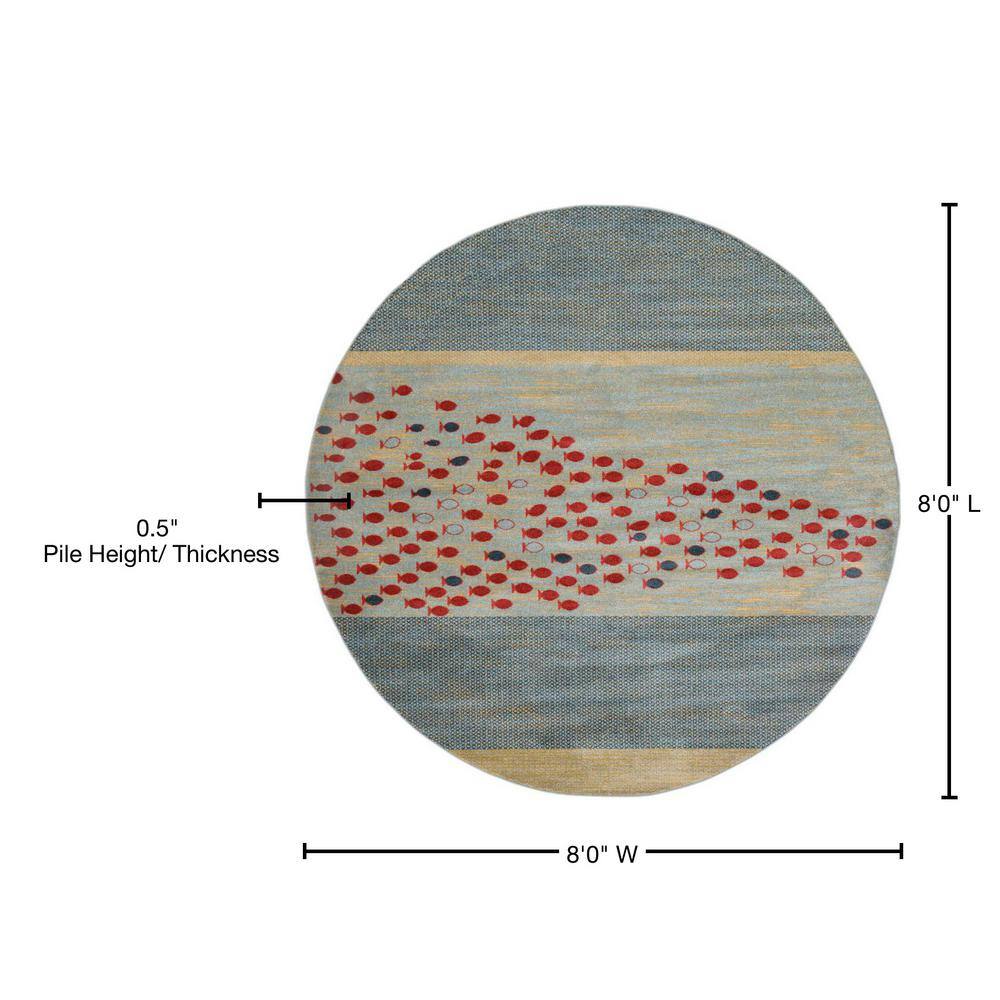 Blue and Light Blue Round Synthetic Easy Care Rug