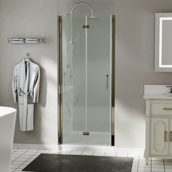 ES-DIY 32 in. - 33 in. W x 72 in. H Pivot Bi-Fold Frameless Bath Alcove Shower Door in Brushed Nickel with 1/4 in. Clear Glass