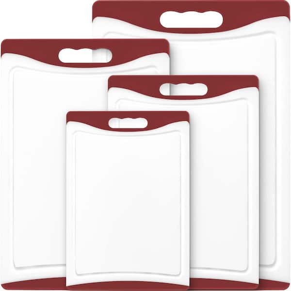 4-Piece Extra Large Red Plastic Cutting Board Set with Juice Grooves Easy-Grip Handles