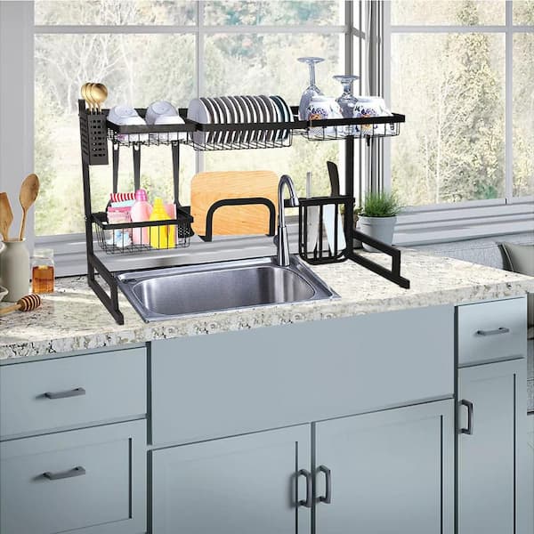  BOOSINY Over Sink Dish Drying Rack, Roll Up Dish Dryer Rack  for Kitchen Sink, Dish Drainer for Inside Sink with Utensil Holder  (Black，12.8 - 23.3 x 15.5)