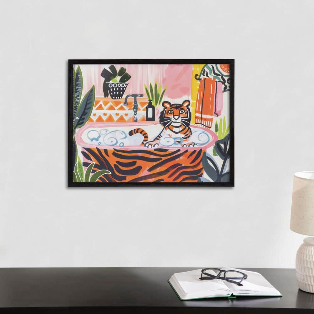 Bold Maximalist Tiger in Bubble Bath Framed Wall Art, 16x12 Black