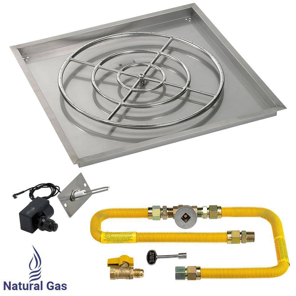 American Fire Glass 36 in. High-Capacity Square Stainless Steel Drop-In Pan with Spark Ignition Kit (30 in. Fire Pit Ring) Natural Gas, Silver -  SS-SQPKIT-N-36H