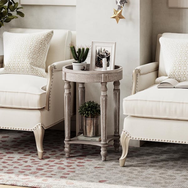 FUIN Farmhouse 18.11 in. Grey Round Wood End Table with Storage Shelf