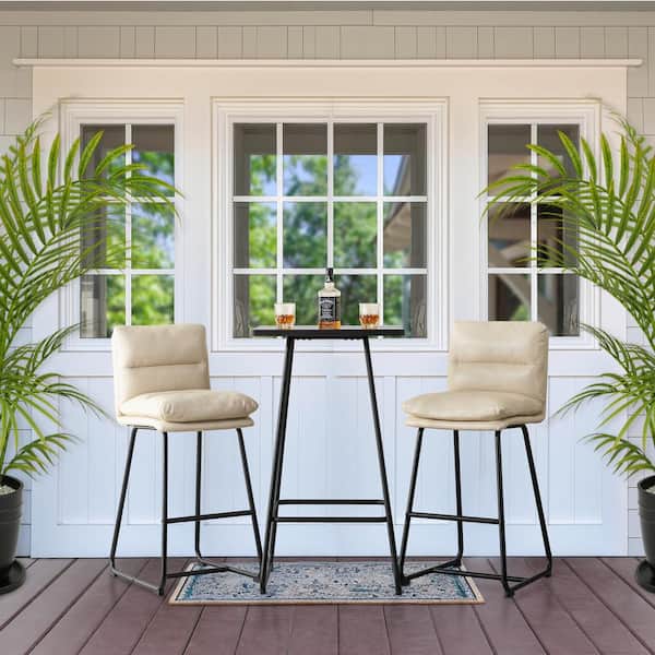 Glitzhome Pub Table Set - Modern Square Bar Table with Black Oak Veneer Top and Cream Thick Leatherette Bar Stools (Set of 3 )