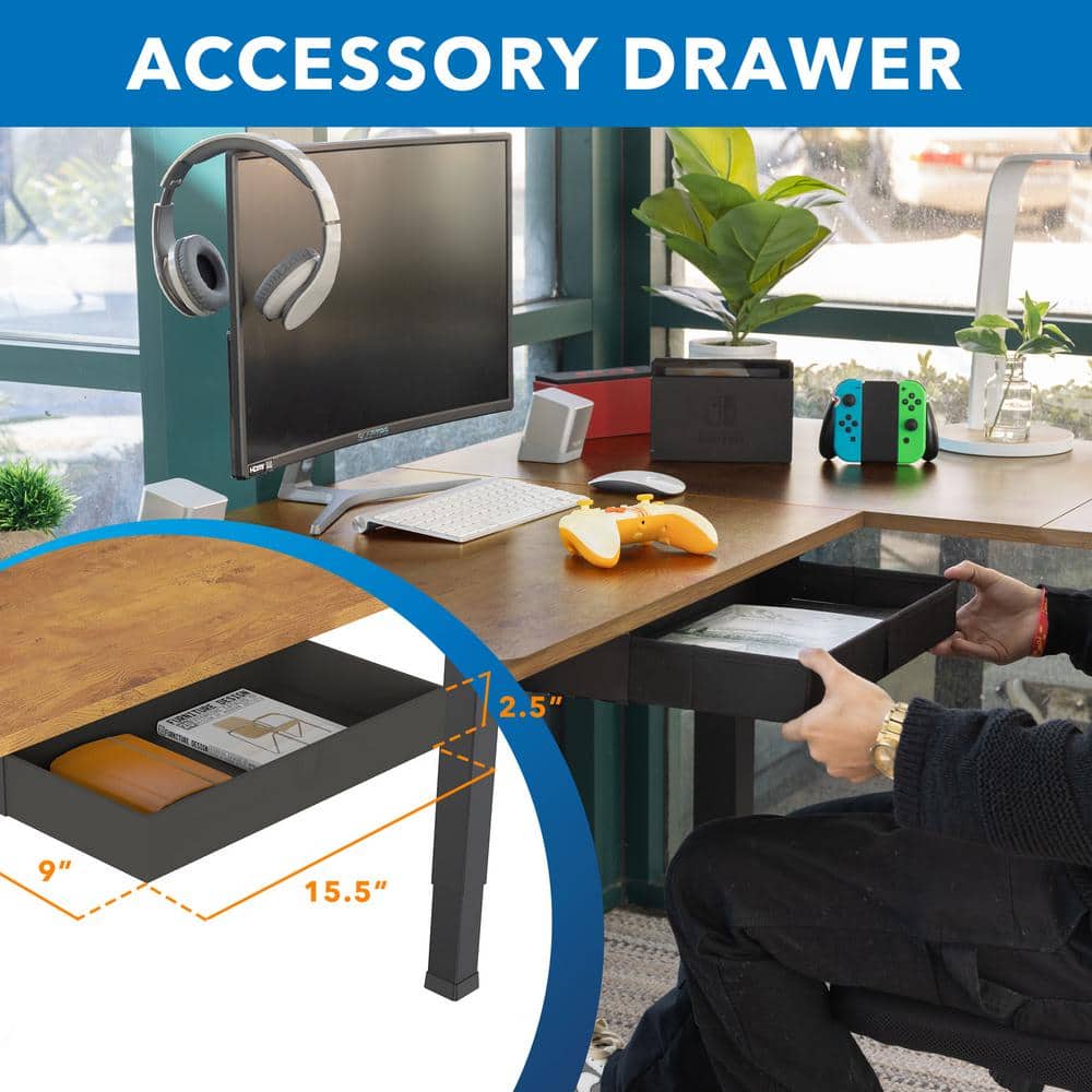 Rustic Brown L-Shaped Electric Adjustable Standing Desk with Drawer