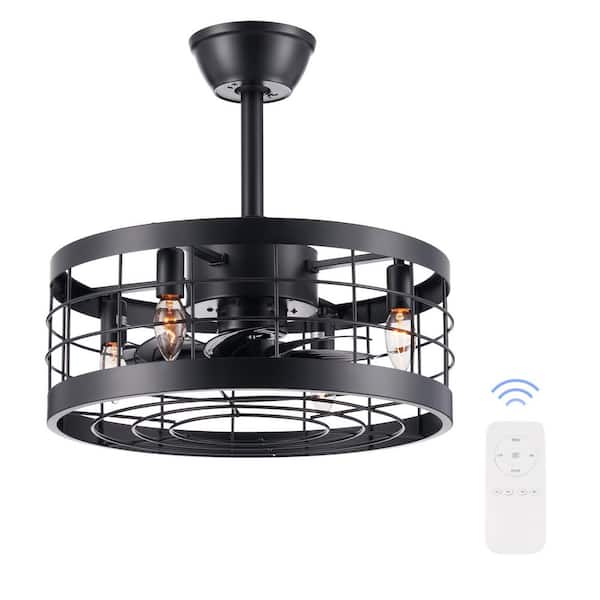 Merra 18 in. Indoor Black Industrial Fandelier Caged Ceiling Fan with Timer and Remote Control