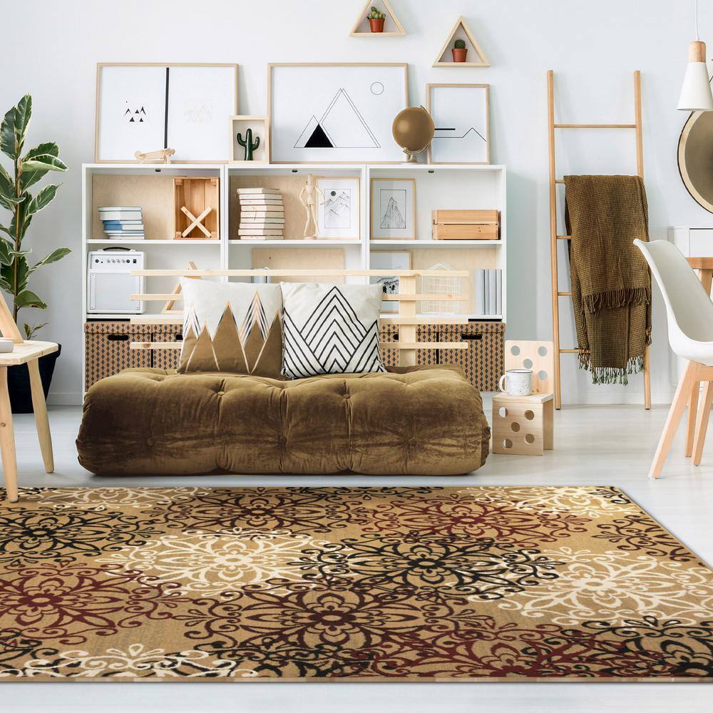 Elegant Gold Floral Medallion 4' x 6' Polypropylene Area Rug