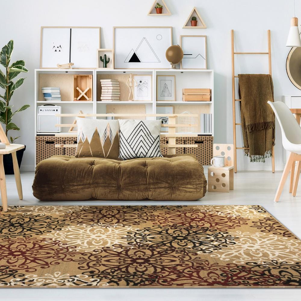 Gold Floral Scroll 8' x 10' Indoor Area Rug with Jute Backing