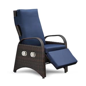 1-Piece PE Wicker Brown Outdoor Recliner Chair with Navy Blue Cushions, Built-in Table, Adjustable Backrest & Footrest