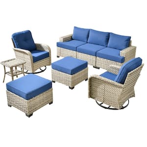 Scorpio 8-Piece Wicker Patio Conversation Seating Sofa Set with Navy Blue Cushions and Swivel Rocking Chairs