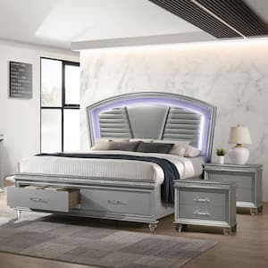 Litzler 3-Piece LED Headboard Silver Wood Queen Bedroom Set with FootDrawers and 2-Nightstands