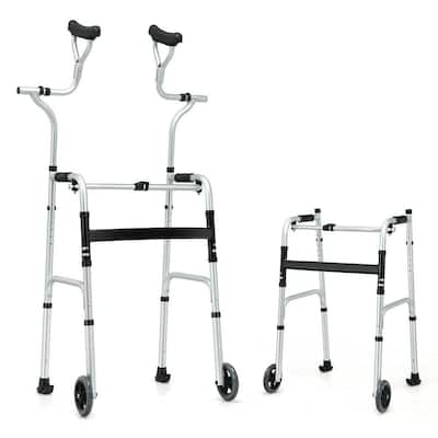 Folding Aluminum Alloy Wheeled Auxiliary Standard Walker with Support in Silver