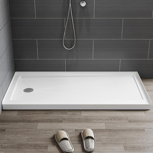 60 in. L x 30 in. W Alcove Shower Pan Base with Left Drain in High Gloss White