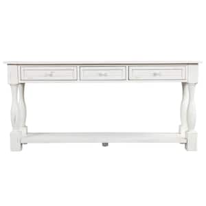 64.2 in. L Antique White Rectangle Solid Wood Console Table with Drawers and Shelf