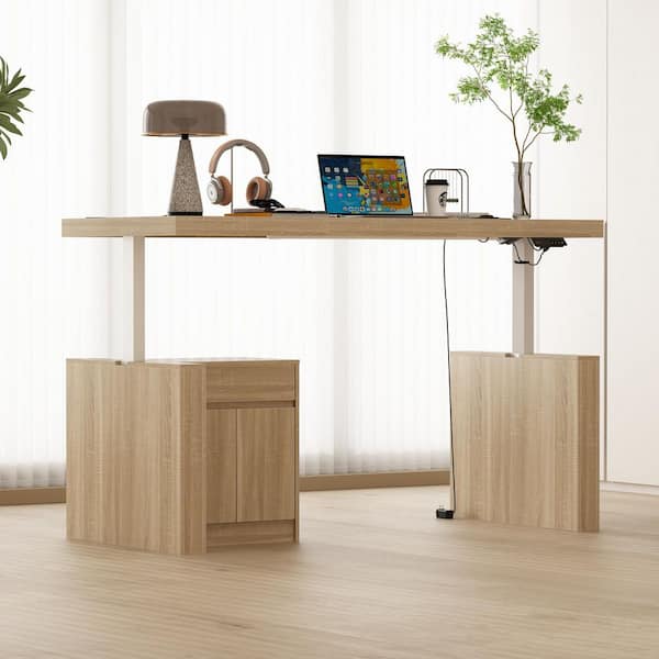 70.9 in. Rectangular Oak Wood 1-Drawer Electric Standing Desk with Control Panel, File Cabinet, Adjustable Height Design