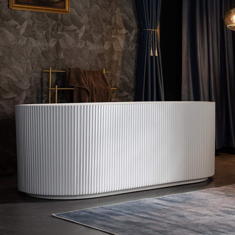 Pavanjit 67" White Acrylic Freestanding Soaking Bathtub with Brushed Gold Drain