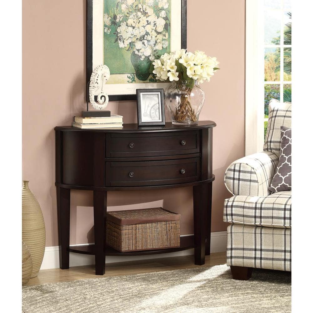 Transitional Brown Wood Demilune Console Table with Storage