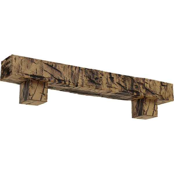 Ekena Millwork 4 in. x 6 in. x 4 ft. Hand Hewn Faux Wood Fireplace Mantel Kit with Alamo Corbels, Natural Golden Oak