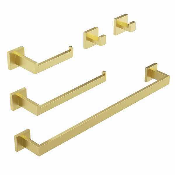 5-Piece Bath Hardware Set with Towel Bar Hand Towel Holder Toilet Paper Holder Towel Hook Modern Square in Brushed Gold