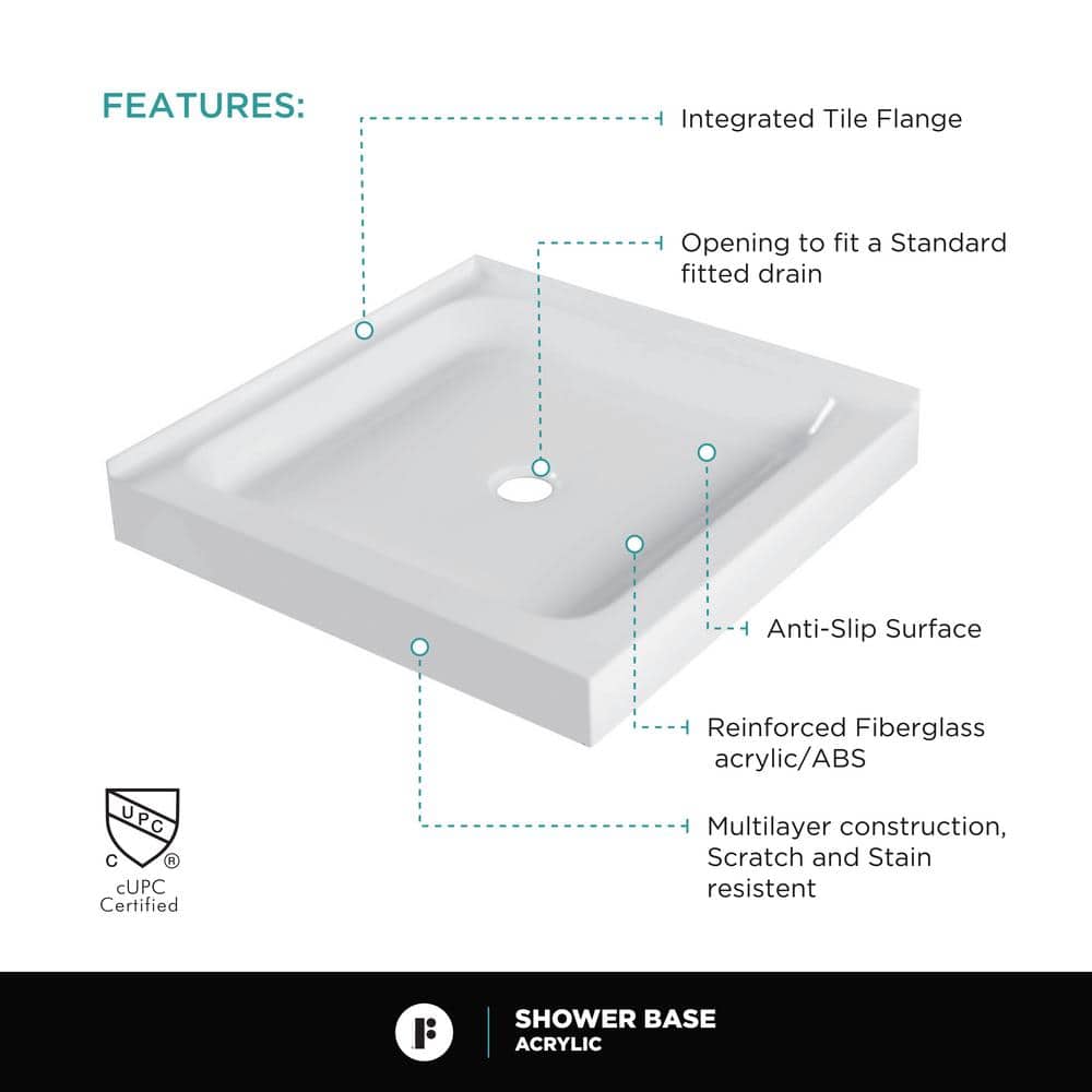 36" White Acrylic Single Shower Base with Non-Slip Surface
