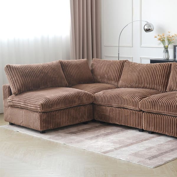 Modern 157 in. Square Arm Soft Faux Rabbit Fur Velvet Modular Cloud Sectional Sofa 7-Seater with Ottomans in Brown