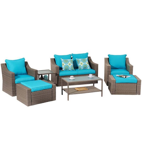 Zeus & Ruta 7 Pieces Outdoor Black PE Wicker Patio Conversation Sets with 10-Piece Blue Washable Cushion and Tempered Glass Table