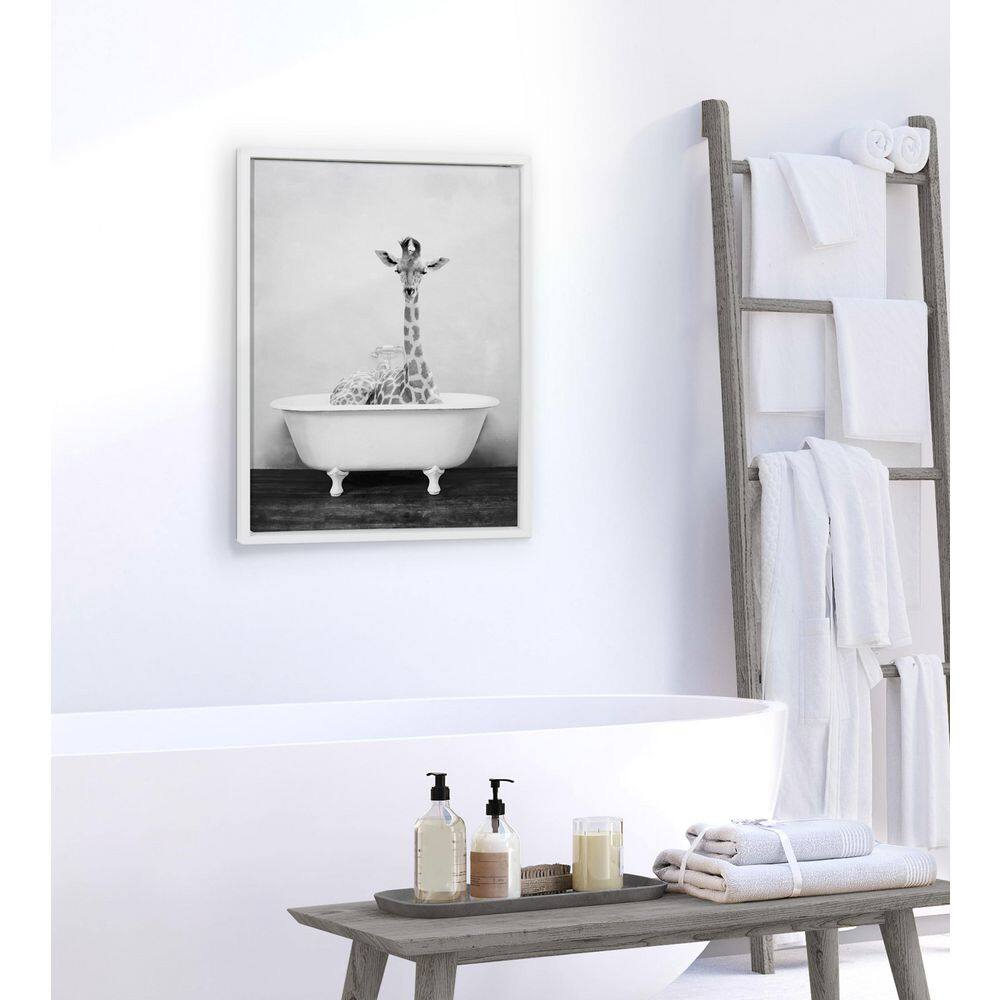 Whimsical Giraffe in Tub Framed Canvas Wall Art