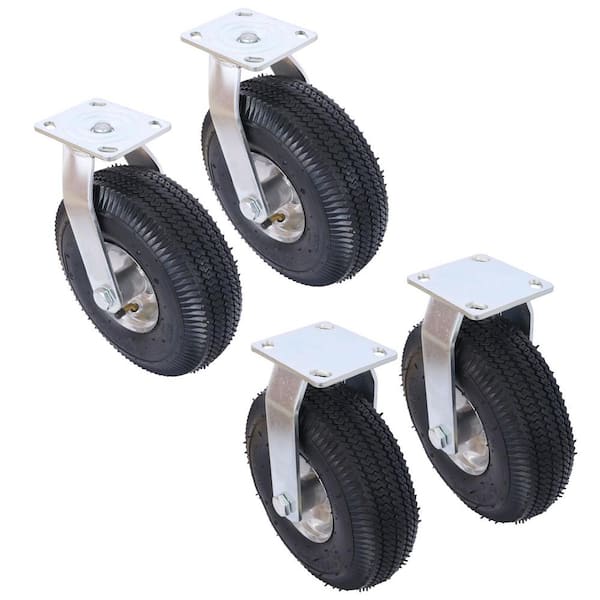 Angel Sar 4-Piece 10 in. Pneumatic Caster Wheels (2-Piece Swivel and 2-Piece Rigid), Steel Hub with Ball Bearings, Black