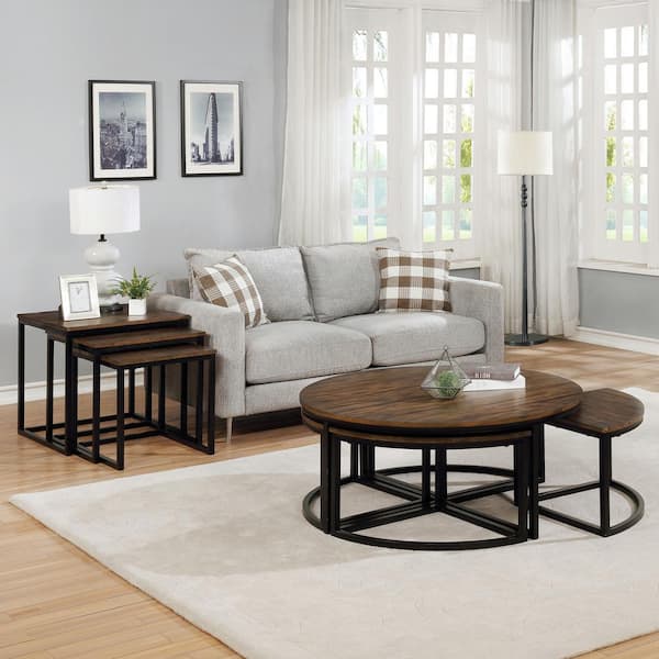 Alaterre Furniture Arcadia 42 in. Antiqued Mocha/Black Large Round Wood Coffee Table with Nesting Tables