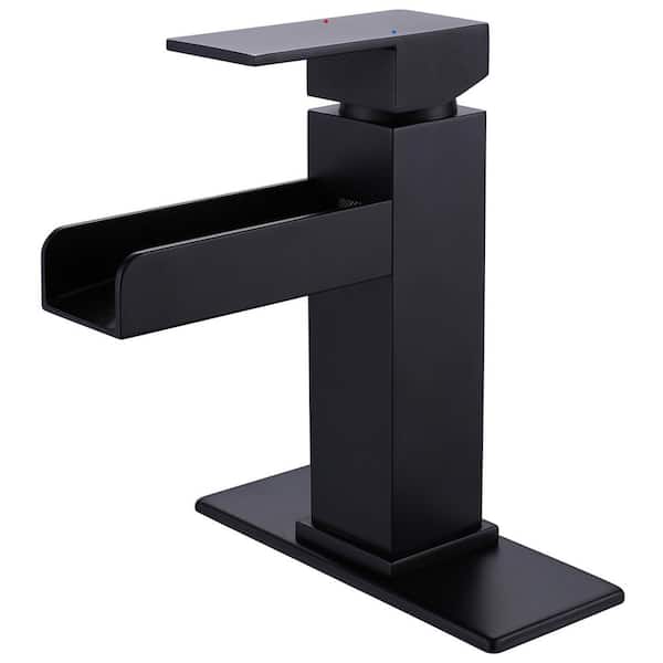 Single Handle Single Hole Square Deck Mount Bathroom Faucet with Deckplate Included in Matte Black