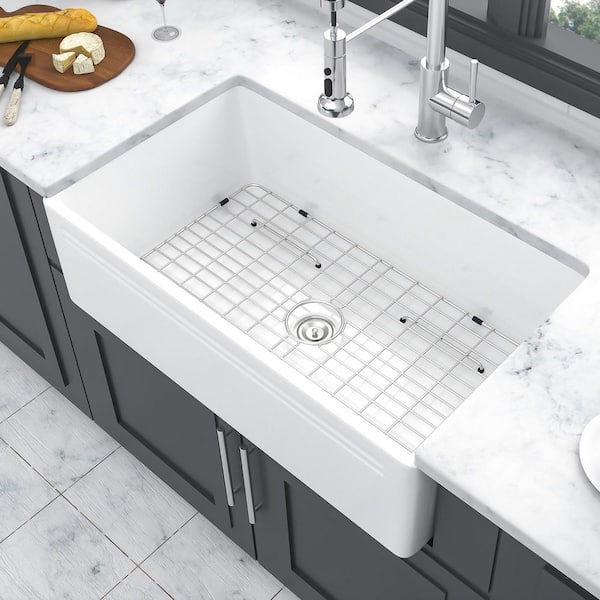 30 in. Farmhouse Single Bowl White Ceramic Kitchen Sink with Bottom Grids