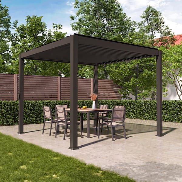 10 ft. x 10 ft. Outdoor Patio Adjustable Metal Pergola with Louvers, Durable and Modern Design, Brown