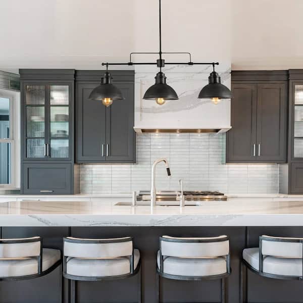3-Light Industrial Black Dome Island Chandelier Modern Farmhouse Linear Barn Pendant with Rustic Brushed Gray Shades