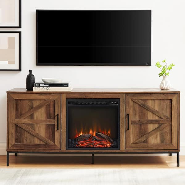 ToolCat 58 in. Modern Farmhouse Barn Door Fireplace TV Stand with Electric Fireplace for TVs up to 65 in., Rustic Oak