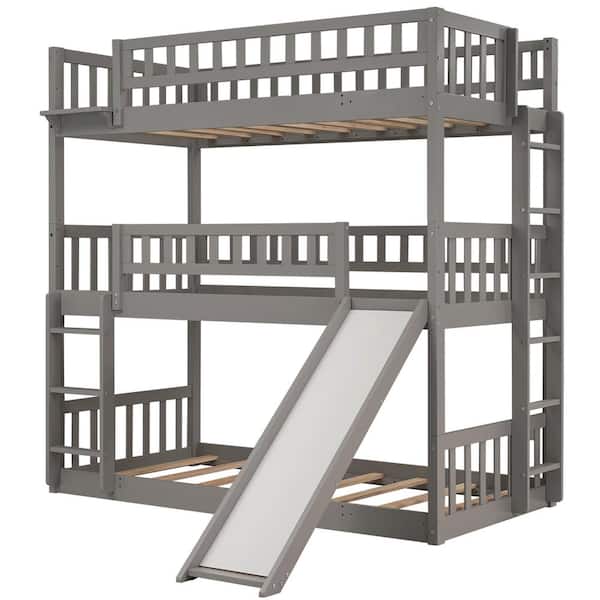 URTR Gray Triple Bunk Bed with Slide, Wooden Bunk Bed Frame Twin-Over-Twin-Over-Twin, Can be Convertible to 3 Bed