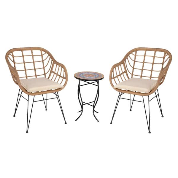 Zeus & Ruta 3-Piece Natural Wicker Patio Conversation Set with Beige Cushions and Coffee Table for Backyard, Balcony, Porch