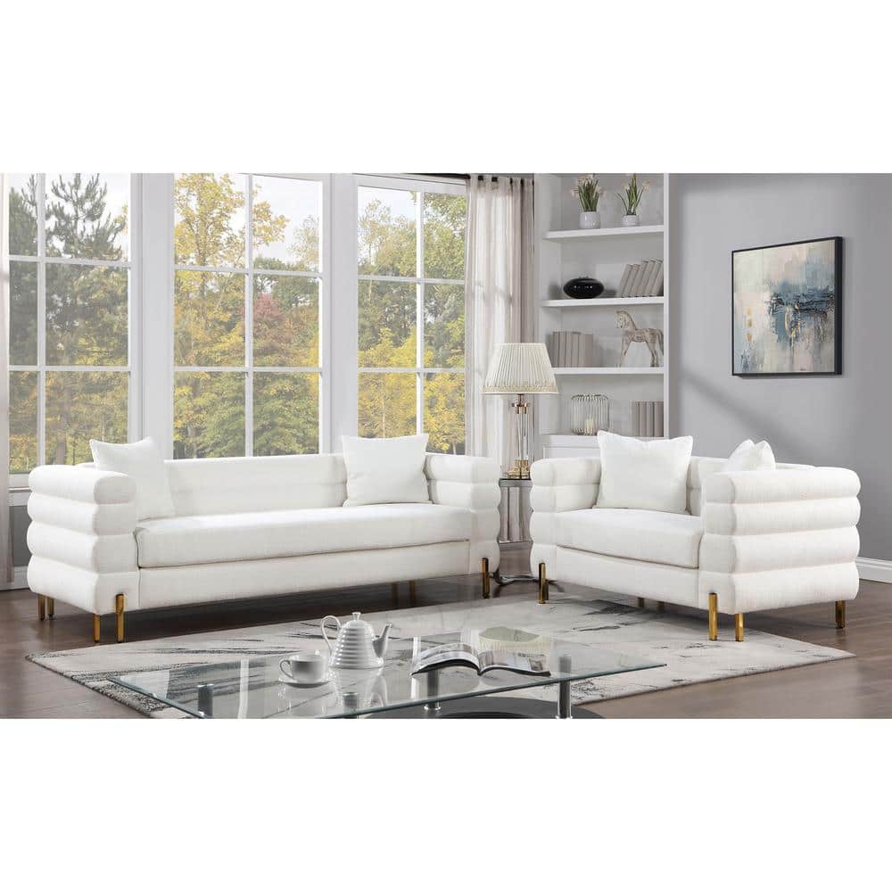 Luxurious White Boucle Fabric Sofa and Loveseat Set with Gold Legs