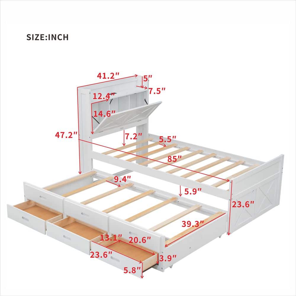 White Wood Frame Full Size Platform Bed with Storage Headboard, Outlets, Twin Size Trundle and 3 Storage Drawers - thumbnail 9