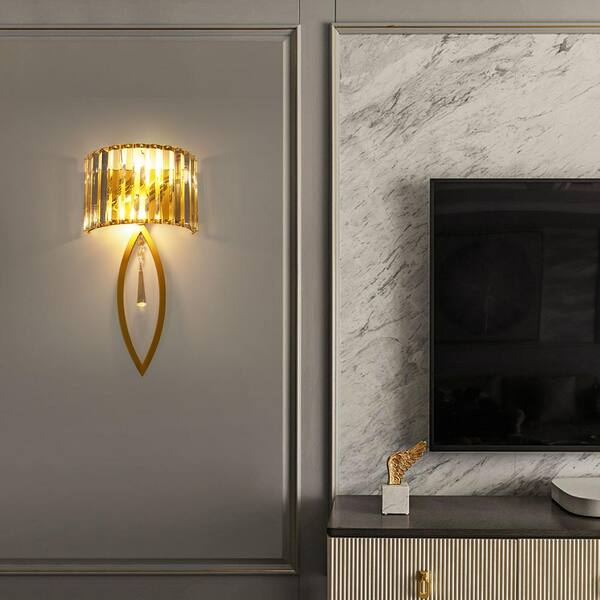 OUKANING 9 in. 2-Light Gold Modern Crystal Wall Sconce Wall