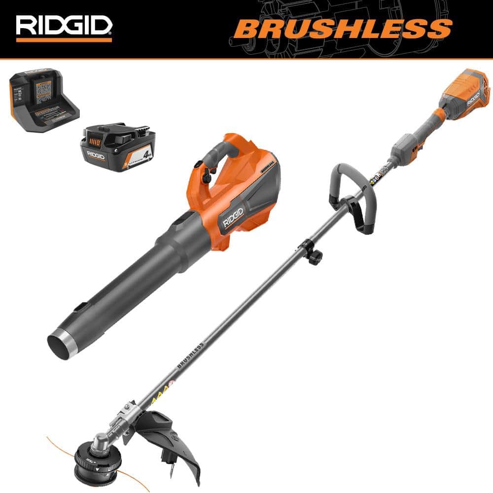 RIDGID 18V Brushless 14 in. Cordless Battery String Trimmer and Leaf Blower 2-Tool Combo Kit with 4.0 Ah Battery and Charger -  R019001