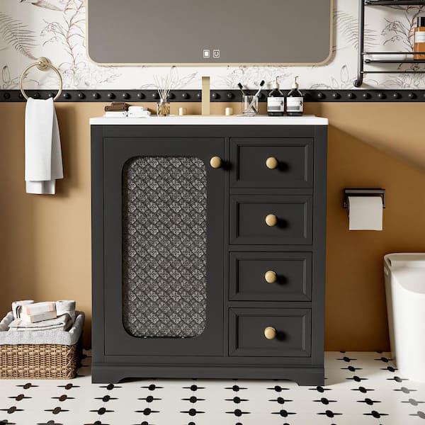 EPOWP 30.01 in. W x 18.62 in. D x 34.06 in. H Single Sink Freestanding Bath Vanity in Black with White Ceramic Top and Storage
