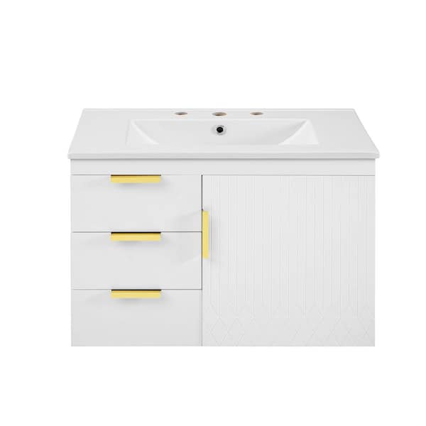 30 in. Wall Mounted White Bath Vanity with White Ceramic Sink Top Drawers and Soft-Closing Door