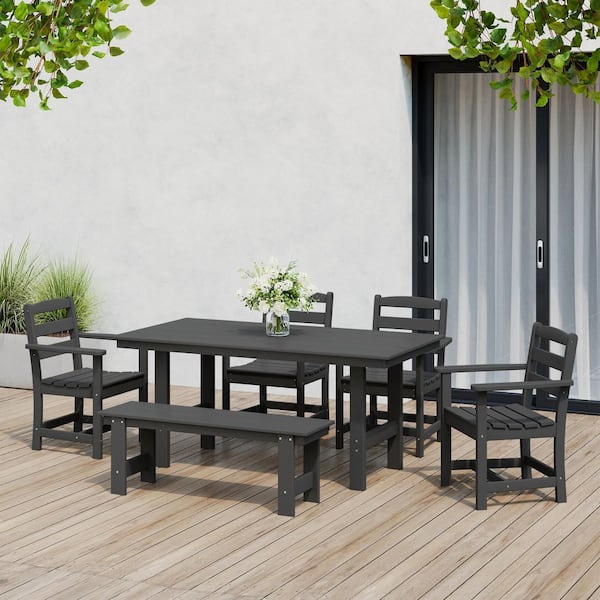 Shoreside 6-Piece All Weather HDPE Plastic Outdoor Patio Dining Set w/ Armchairs and Bench, Gray