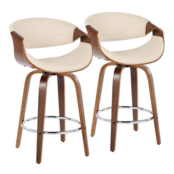 Lumisource Symphony 26 in. Cream Faux Leather, Walnut Wood and Chrome Metal Fixed-Height Counter Stool (Set of 2)